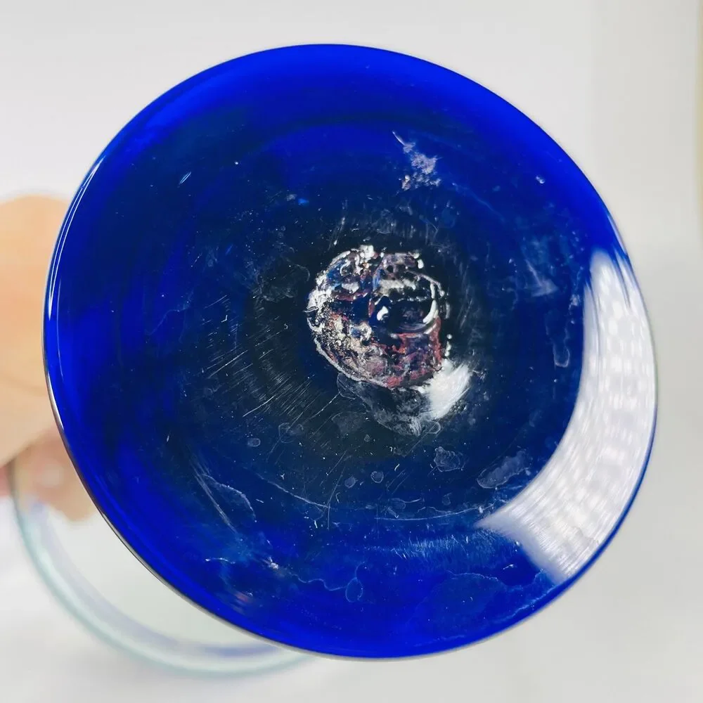 2 LG Hand Blown Margarita Glasses Clear w/ Cobalt Blue Rim & Base Cocktail Glass